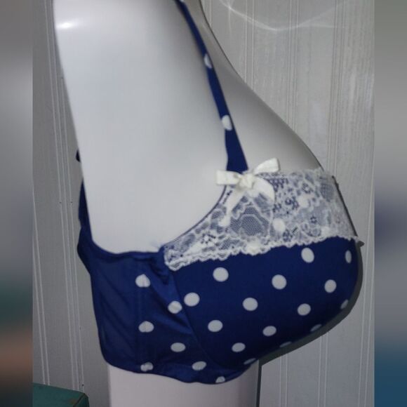 Like New Size 42 DD Plus Cacique Blue and White Lace Polka Dot Bra - Picture 3 of 4